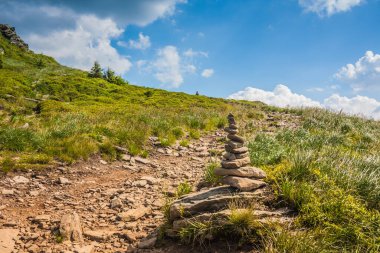 Ukrayna dağlarının güzel manzarası Karpatlar ve vadiler. Taş patika ve yazın ormanları ve otları olan güzel yeşil dağlar. Karpatlar ve Karpatlar 'da su yapma sırtı