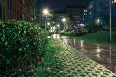 Yağmurlu bir sonbahar gecesinde gece parkı yolları ve renkli evler. Güzel bir yerleşim yerindeki gece yolları, banklar, fenerler. Fenerlerle, banklarla, sarı yapraklarla dolu bir sonbahar parkı. Kyiv. Ukrayna