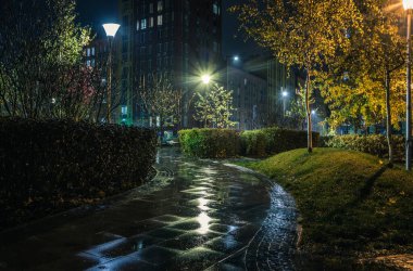 Yağmurlu bir sonbahar gecesinde gece parkı yolları ve renkli evler. Güzel bir yerleşim yerindeki gece yolları, banklar, fenerler. Fenerlerle, banklarla, sarı yapraklarla dolu bir sonbahar parkı. Kyiv. Ukrayna