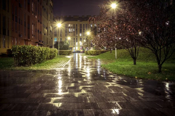 Yağmurlu bir sonbahar gecesinde gece parkı yolları ve renkli evler. Güzel bir yerleşim yerindeki gece yolları, banklar, fenerler. Fenerlerle, banklarla, sarı yapraklarla dolu bir sonbahar parkı. Kyiv. Ukrayna