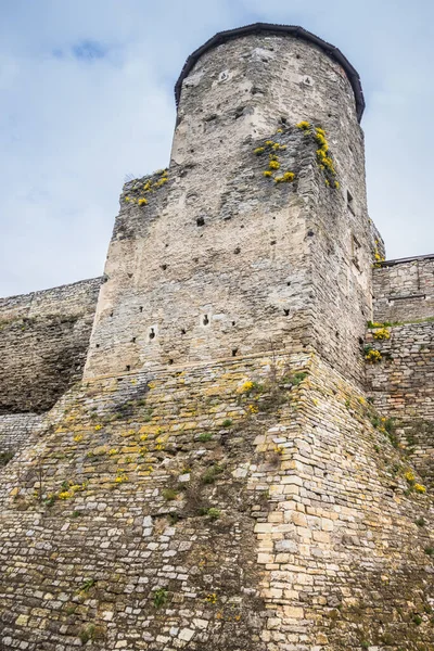 Kamianets-Podilskyi Kalesi 'nin bulutlu bir gökyüzünün altındaki kısmı. Tarihi Kamianets-Podilskyi şehrinin pitoresk doğası arasında yer alan kalenin güçlü kaleleri ve kuleleri,