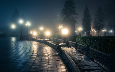 Kış gecesi parkında sislerin arasında, karda tahta bir bank. Kış kenti parkındaki patika sisli banklar ve sonrakiler. Mariinsky Park 'ta güzel sisli bir akşam. Kiev, Ukrayna.