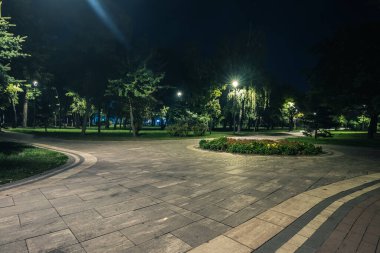 Sonbaharda fenerlerle dolu gece parkındaki sarp yol. Sonbahar sezonu boyunca parktaki banklar. Geceleri fenerlerle dolu bir parkın aydınlanması. Park Kyoto