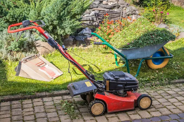 stock image Cleaning the grass after mowing the lawn. Lawnmower and wheelbarrow with mown grass, yard (house territory), home care