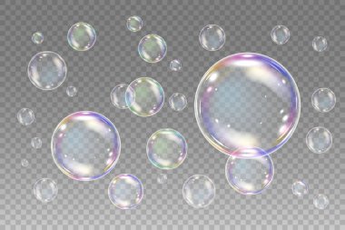 Realistic soap bubbles with rainbow reflection. Big set isolated vector illustration on a transparent background clipart