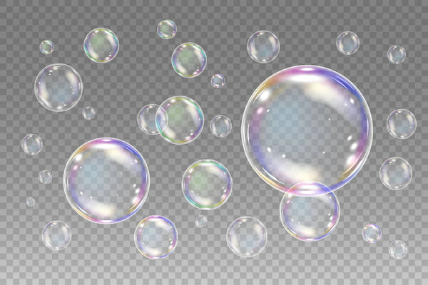Realistic soap bubbles with rainbow reflection. Big set isolated vector illustration on a transparent background