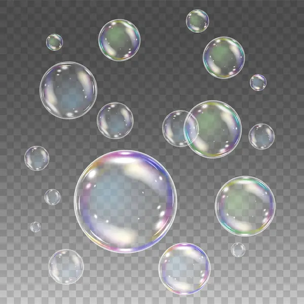 Burbujas Jabón Realistas Con Reflejo Arco Iris Gran Conjunto Ilustración — Vector de stock