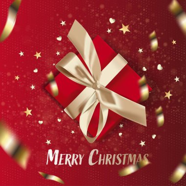 Yeni yıl ve Noel tasarımı. Kırmızı arka planda konfeti ve yıldızlı gerçekçi kırmızı hediye kutuları. Tatil afişi, web posteri, el ilanı, şık bir broşür, tebrik kartı, kapak. Noel arkaplanı