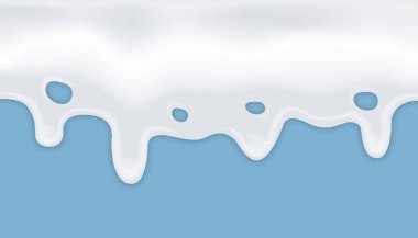 Gerçekçi beyaz süt damlaları. Şimdiki yoğurt, süt, kefir. Üç boyutlu gerçekçi süt dalgası sınırı. Süt ambalajı, reklam ve broşür için vektör tasarımı.