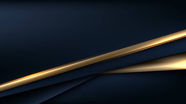 Soyut zarif şablon mavi ve altın üçgen çizgiler üst üste binen boyut koyu mavi arka plan lüks tarzı. Vektör illüstrasyonu