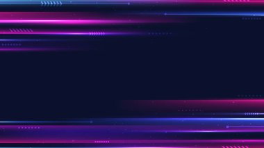 Soyut teknoloji dijital fütürist konsept mavi ve pembe neon renkler ışık efekti hareket dekorasyonu geometrik şekiller koyu arkaplan üzerinde elementler. Vektör illüstrasyonu