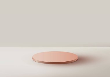 3D podyum platformu, bej renkli stüdyo odası arka planda minimum stil. Ürün gösterimi, kozmetik tasarım, sergi salonu vs. için kullanabilirsiniz. Vektör illüstrasyonu