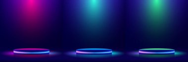 3D gerçekçi boş podyum mavi, yeşil ve pembe neon renkler sahne ışığı arka plan teknolojisi tarzında parıldayan ışık stüdyo odası. Vitrin, tanıtım ürünleri vs. için kullanabilirsiniz. Vektör illüstrasyonu