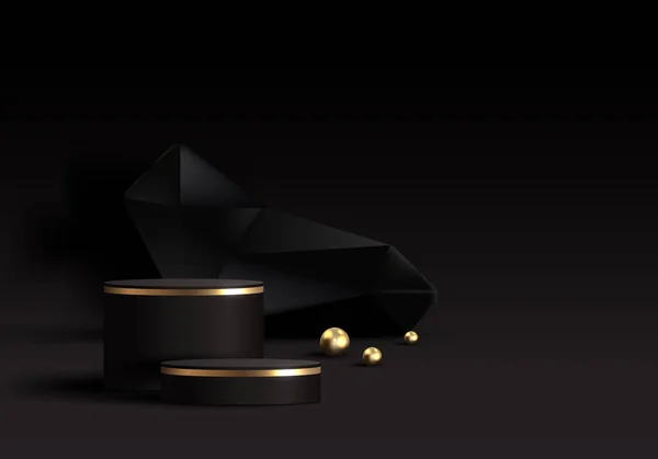 3Dリアルなエレガントな黒と金のシリンダーの表彰台の装飾黒の石と暗いシーンの背景の豪華な最小限のスタイルで黄金のボール 化粧品 ショールーム ショーケース プレゼンテーションなどのための製品ディスプレイ ベクターイラスト — ストックベクタ