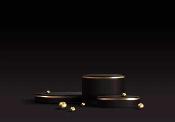 Realistischen Eleganten Schwarz Goldenen Zylinder Podium Dekoration Goldene Kugel Auf — Stockvektor