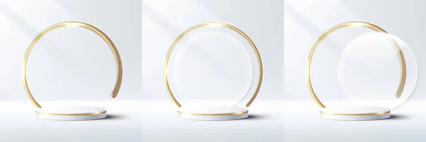 Conjunto Realista Elegante Pódio Cilindro Branco Dourado Com Círculos Dourados — Vetor de Stock