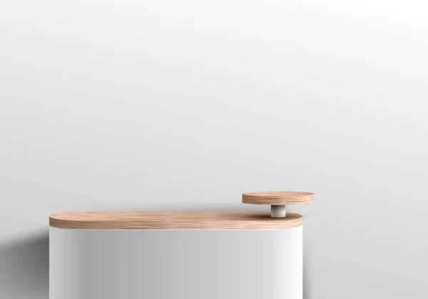 Realistische Geometrische Formen Weiß Und Holz Podium Plattform Mit Holz — Stockvektor