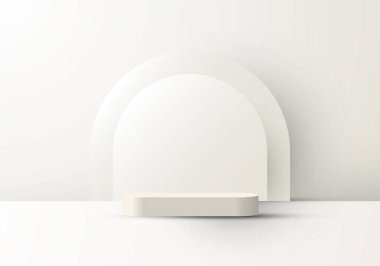 3D gerçekçi geometrik platform arka planı ile kozmetik ürünleri minimum sahne beyazının yuvarlak zeminini gösteriyor. Vektör illüstrasyonu