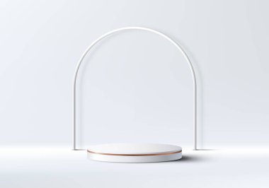 3D gerçekçi, zarif, beyaz ve altın renkli podyum sehpası temiz sahne arka planında yuvarlak çizgi arkaplanı ve minimum lüks tarzı var. Kozmetik, sergi salonu, vitrin, sunum vesaire için ürün sergisi. Vektör illüstrasyonu