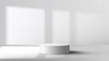 3D gerçekçi boş stüdyo odası beyaz silindir podyum temiz sahne arka planında pencere gölgesi olan minimal tarz. Kozmetik, sergi salonu, vitrin, sunum vesaire için ürün sergisi. Vektör illüstrasyonu