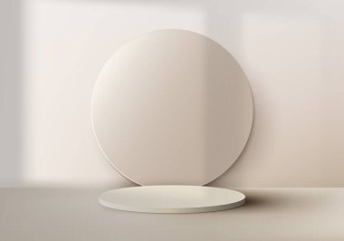 3D gerçekçi boş stüdyo odası bej renkli podyum sehpası daire arkaplanı ve arka planda pencere ışığı gölgesi var. Kozmetik, sergi salonu, vitrin, sunum vesaire için ürün sergisi. Vektör illüstrasyonu