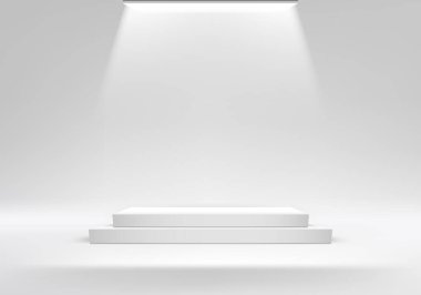 3D gerçekçi boş podyum kaidesi asgari duvar sahnesi üzerinde tavan ışığı olan beyaz arka plan. Kozmetik, sergi salonu, vitrin, sunum vesaire için ürün sergisi. Vektör illüstrasyonu