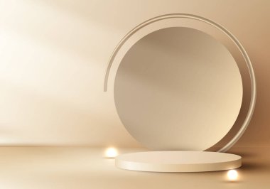 3D realistic elegant gold cylinder podium with circle backdrop decoration lighting ball on golden background luxury minimal style. Product display for cosmetic, showroom, showcase, presentation, etc. Vector illustration