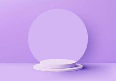 3D realistic empty studio room white cylinder podium stand with circle backdrop on minimal wall scene purple background. Product display for cosmetic, showroom, showcase, presentation, etc. Vector illustration