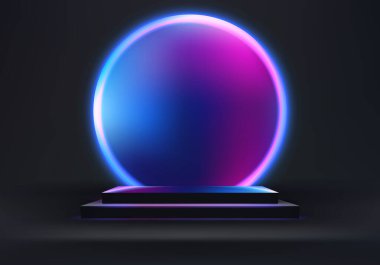3D realistic empty black podium pedestal box stand with circles blue and pink glowing neon light on minimal wall scene dark background. Product display for cosmetic, showroom, showcase, presentation, etc. Vector illustration