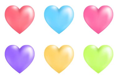 Set of 3D red, blue, pink, purple, yellow, green heart isolated on white background. Happy valentine day elements decoration for card, brochure, poster, leaflet, banner, etc. Vector illustration