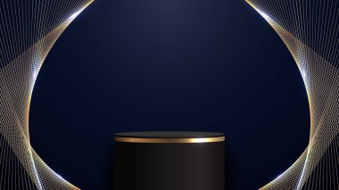 3D realistic elegant black and gold cylinder podium stand golden lines with lighting effect on blue background luxury style. Product display for cosmetic, showroom, showcase, presentation, etc. Vector illustration
