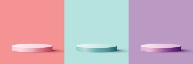 Set of 3D realistic modern pink, blue, purple pastels colors cylinder podium platform isolated minimal wall scene background. Product display for cosmetic, showroom, showcase, presentation, etc. Vector illustration