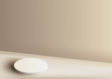 3D realistic white podium platform stand minimal wall scene on beige background. Display for spa and beauty, cosmetic product presentation showcase, mock up stage, cosmetic product display. Vector illustration