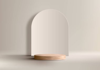 3D realistic empty studio room wooden cylinder podium pedestal stand on minimal wall scene beige background. Product display for beauty cosmetic, spa, showroom, showcase, presentation, etc. Vector illustration