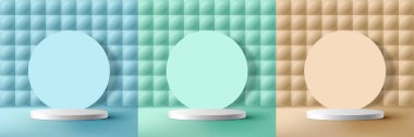 Set of 3D realistic studio room white cylinder podium stand with minimal wall scene circles pattern backdrop on pastel color background. Product display for cosmetic, showroom, showcase, presentation, etc. Vector illustration