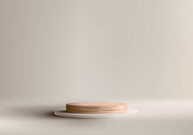 3D realistic empty studio room wooden cylinder podium pedestal stand minimal wall scene on beige background. Product display for cosmetic, showroom, showcase, presentation, etc. Vector illustration