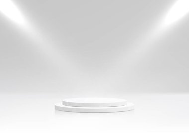 3D realistic white cylinder podium stand with spotlight minimal wall scene on clean background. Product display for cosmetic, showroom, showcase, presentation, etc. Vector illustration