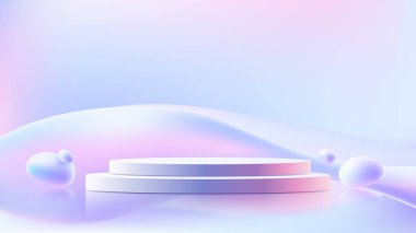 3D holographic color podium stand with fluid or liquid elements floating in the air on soft blue background. Product display for cosmetic, beauty, showroom, showcase, presentation, etc. Vector illustration