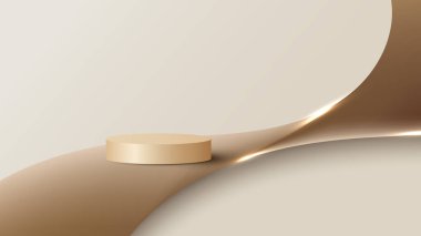 3D realistic golden podium stand with fabric satin on soft brown background luxury style. Product display for cosmetic, beauty, showroom, showcase, presentation, etc. Vector illustration