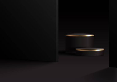3D realistic luxury modern black and gold cylinder podium stand minimal wall scene dark background. Product display mockup for cosmetic, showroom, showcase, presentation, etc. Vector illustration