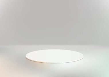 3D realistic studio room luxury minimal style shiny white podium stand with lighting effect on clean background. Product display for beauty cosmetic, showroom, showcase, presentation, etc. Vector illustration