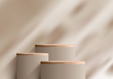 3D realistic wooden podium pedestal stand on natural tree leaf shadow pastel beige background. Display for spa and beauty, cosmetic product presentation showcase. Nature studio mockup promotion. Vector illustration