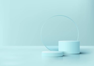3D realistic blue podium stand with gtransparency glass circle backdrop minimal wall scene on soft blue background. Display for spa and beauty, cosmetic product presentation showcase, mock up stage, cosmetic product display. Vector illustration
