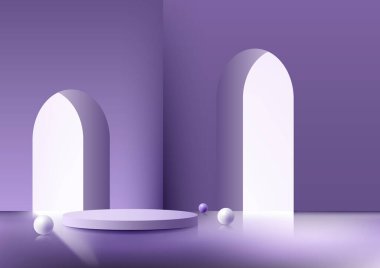 3D realistic purple podium stand interior room decoration with sphere balls minimal wall scene background. Architecture and business product presentation concept. Product display for beauty cosmetic, showroom, showcase, etc. Vector illustration