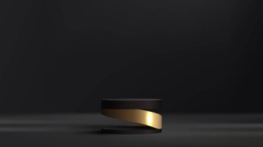 3D realistic luxury modern black and gold cylinder podium stand minimal wall scene dark background. Product display mockup for cosmetic, showroom, showcase, presentation, etc. Vector illustration
