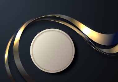 Soyut modern lüks ürün sergisi. Altın kurdele dalgalı kıvrımlı çizgileri ve siyah arkaplan üzerinde ışık efekti olan 3D üst manzara altın çember kürsüsü. Güzellik kozmetik reklamları, taklit ürün tanıtımı, iş sunumu için kullanabilirsiniz., 