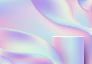 Soyut modern ürün görüntüsü. Sıvı veya sıvı dinamik şekilli üç boyutlu pastel renk kürsüsü holografik arka planı oluşturur. Güzellik reklamı, taklit ürün gösterisi, iş sunumu, sergi salonu, vs. için kullanabilirsiniz. Vektör i