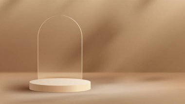 3D gerçekçi kahverengi kürsü sehpası şeffaf cam zemin ve bej arka planda yaprak gölgesi çok az. Güzellik kozmetik, sergi salonu, vitrin, sunum vs. için ürün sergisi modeli. Vektör illüstrasyonu