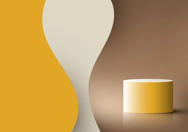 Realistischer Gelber Podiumsständer Mit Gelbem Wellenförmigen Papierschichten Auf Braunem Hintergrund — Stockvektor