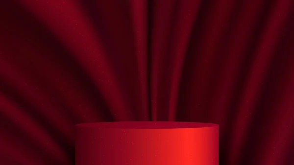 三维逼真的现代豪华红色圆柱形讲台 具有红色丝质面料折皱背景和质感 美容美发 工作室 陈列室 陈列室 陈列室等产品展示 矢量说明 — 图库矢量图片
